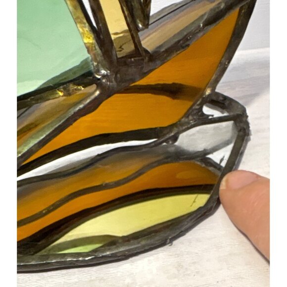 Stained Glass Sailboat Mirrored Base 6" Tall Green Yellow Brown Beach Lakehouse - Picture 8 of 8